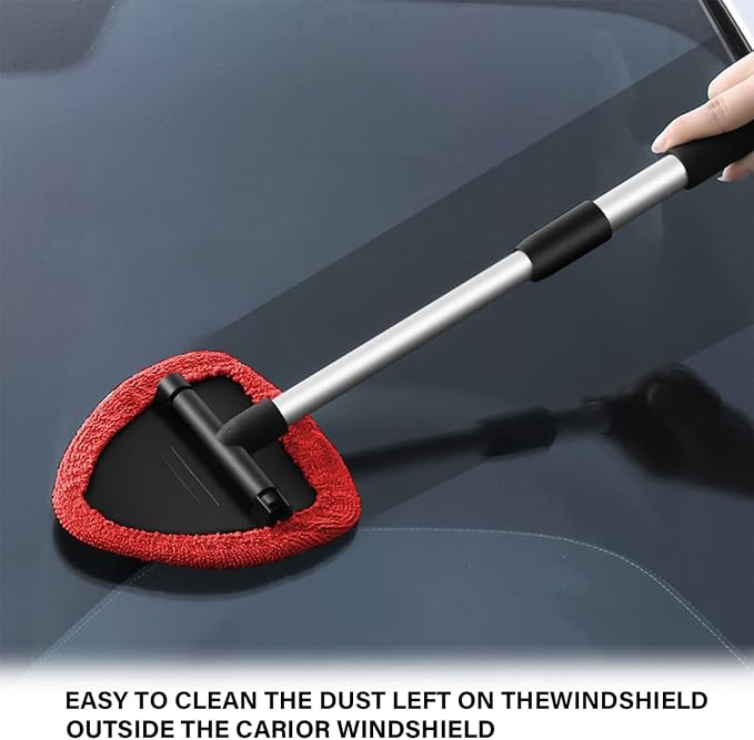 Windshield Cleaning Tool, Car Window Cleaner with 4 Washable Reusable Microfiber Pads, Extendable Long Handle Glass Wiper Cleaning Kit, Auto Accessories Universal for Office and Home (Red)