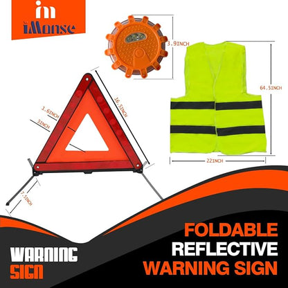 Warning Safety Triangle Kit, Emergency Roadside Warning Reflective Triangle 3 Packs with 2 LED Road Flare Light, Foldable with Storage Case for Roadside Breakdowns Emergenc