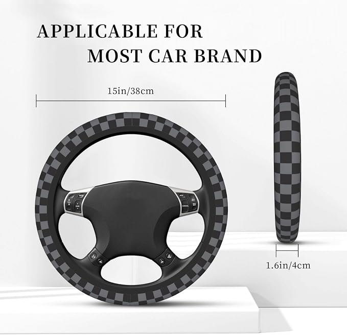 Dark Gray Checkered Steering Wheel Cover for Women, Universal Auto Steering Wheel 14-15 Inch Car Interior Accessories with 2PCS Car Coasters, Suitable for Men and Women