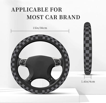 Dark Gray Checkered Steering Wheel Cover for Women, Universal Auto Steering Wheel 14-15 Inch Car Interior Accessories with 2PCS Car Coasters, Suitable for Men and Women