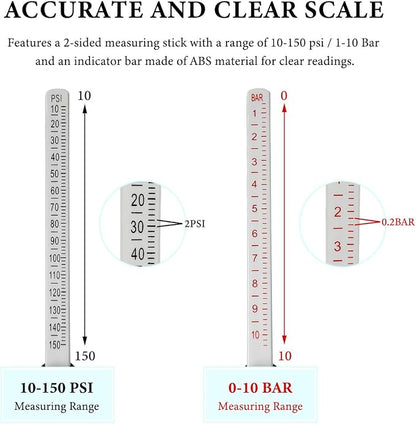 Dual Head Tire Pressure Gauge, Heavy Duty Extended Tube Pen Air Gauges Range 10-150PSI 1-10Bar, Straight-On Foot Pressure Checker for Car Semi Truck RV Van Motorcycle Tires