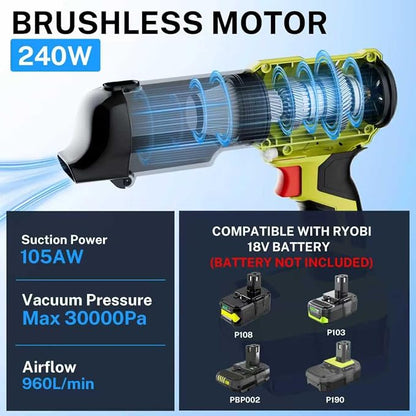 YEX-BUR Cordless Handheld Vacuum for Ryobi 18V Battery(Tool Only), 240W Powerful Car Vacuum with Brushless Motor, 3-Speed, 5 Filters, Portable Vacuum Cleaner for Home Office Car Pet