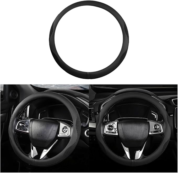 Car Steering Wheel Cover, Microfiber Breathable Ice Silk Leather Steering Wheel Cover Soft Anti-Slip Safety, 15inch Four Season Universal Fits for Most Truck,SUV,Cars (Black Ice Silk)