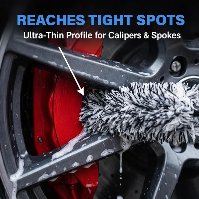 9PCS Pro Wheel & Tire Cleaning Kit - Flat Replaceable-Head Brush, Pocket Dual-Material Pads, Dual-Bristle Brushes, Boar Hair Detail Brush & Towel | Scratch-Free for All Vehicles