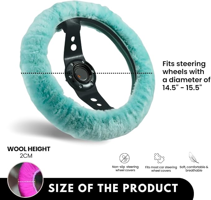 Andalus Brands Luxury Fluffy Car Steering Wheel Covers – Genuine Merino Sheepskin, Soft Fuzzy Car Steering Wheel Cover for Women, Universal 14.5-15" Size, Plush Fur Cute Auto Accessories, Mint Green