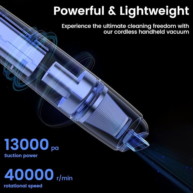 Cordless Handheld Vacuum, Powerful Suction 13000Pa & 0.64lbs Ultra-Lightweight, Portable Car and Home Vacuum for Pet Hair, Quick Type-C Charging