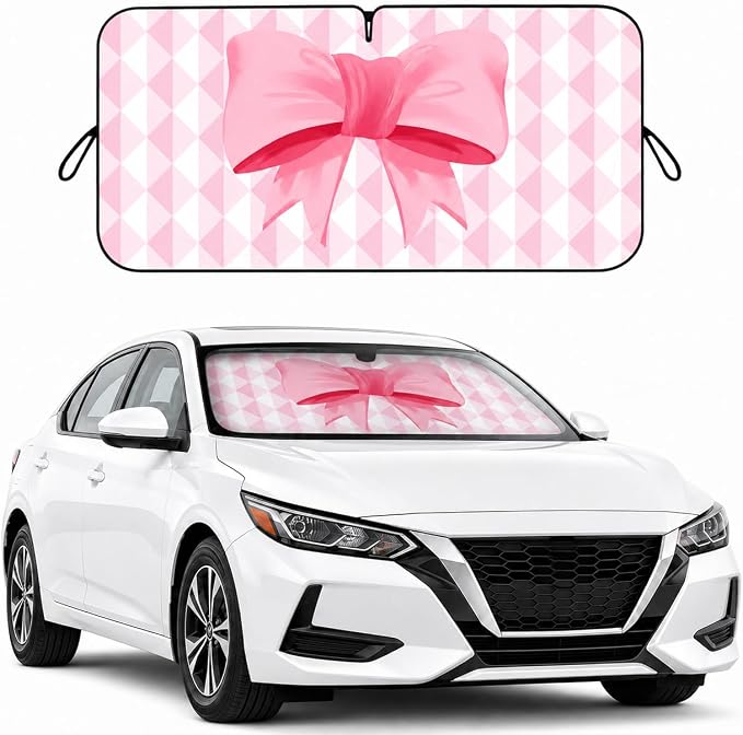 Pink Bow Car Windshield Sun Shade for Women, Cute Front Window Sunshade for Small Cars, Girly Pink Plaid Car Accessories for Sedan Compact Car - 59 x 27.5
