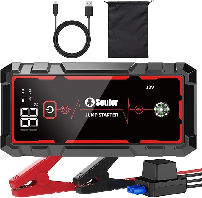 Jump Starter Car Battery Jumper Starter Portable with Jumper Cable, Quick Charge Power Bank, 3 Modes Flashlight, Compass