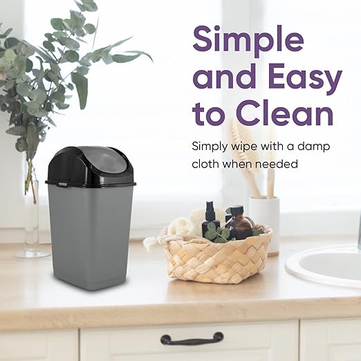 Superio Mini Plastic Trash Can with Swing Top Lid 1.25 Gallon Compact Small Waste Bin Portable Garbage Can for Countertop, Desktop, Make up Vanity, Bathroom, Car, Under Sink, Dorm 5 Qt. (Grey/Black