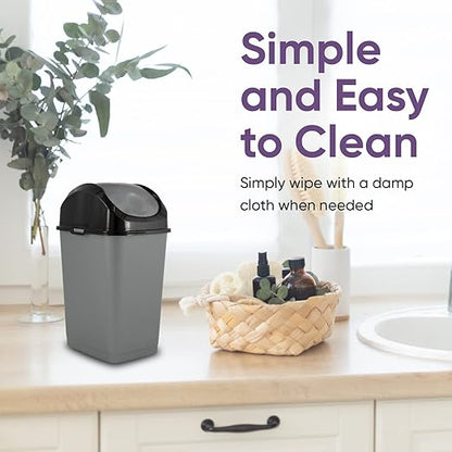 Superio Mini Plastic Trash Can with Swing Top Lid 1.25 Gallon Compact Small Waste Bin Portable Garbage Can for Countertop, Desktop, Make up Vanity, Bathroom, Car, Under Sink, Dorm 5 Qt. (Grey/Black