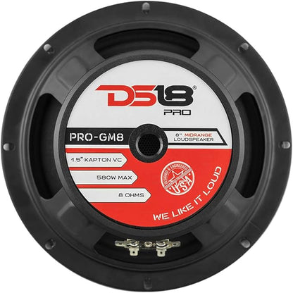 DS18 PRO-GM8 Loudspeaker - 8", Midrange, Black Steel Basket, 580W Max, 190W RMS, 8 Ohms - Premium Quality Audio Door Speakers for Car or Truck Stereo Sound System (1 Speaker)