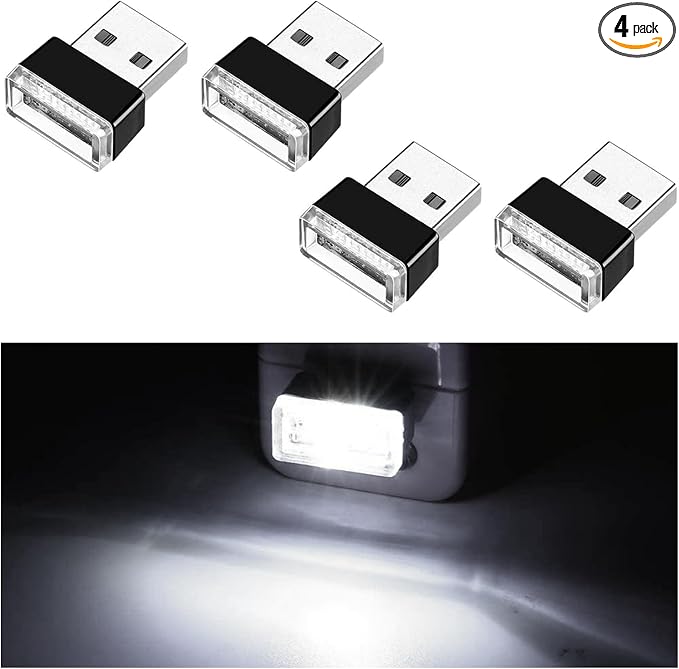Ziciner 4 PCS USB LED Car Interior Atmosphere Lamp, Portable Mini LED Night Light, Plug-in USB Interface Trunk Ambient Lighting Kit, Universal Car Interior Accessories (White)