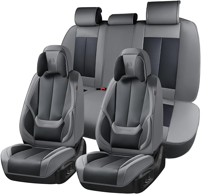 Coverado Seat Covers Full Set, 5 Seats Seat Covers for Cars, Waterproof Nappa Leather Car Seat Covers with Head Pillow, Seat Protectors Car Seat Cushion Universal Fit for Most Cars (Gray&Black)