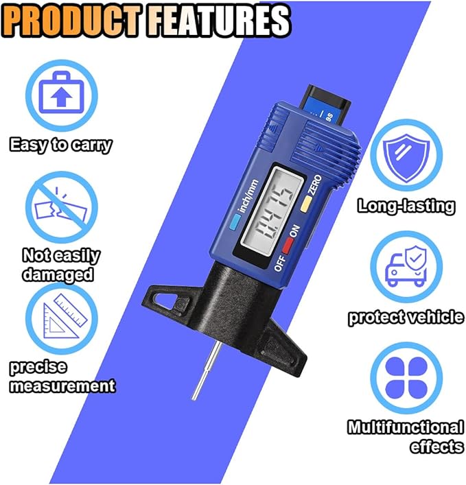 LCD Display Tire Tread Depth Gauge, Car Tire Digital Measuring Gauge Tool with Inch MM Conversion, Tire Wear Gauge Tread Checker for Motorcycle, Truck, Car, SUV, Not Include Battery