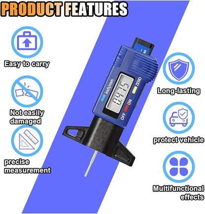 LCD Display Tire Tread Depth Gauge, Car Tire Digital Measuring Gauge Tool with Inch MM Conversion, Tire Wear Gauge Tread Checker for Motorcycle, Truck, Car, SUV, Not Include Battery