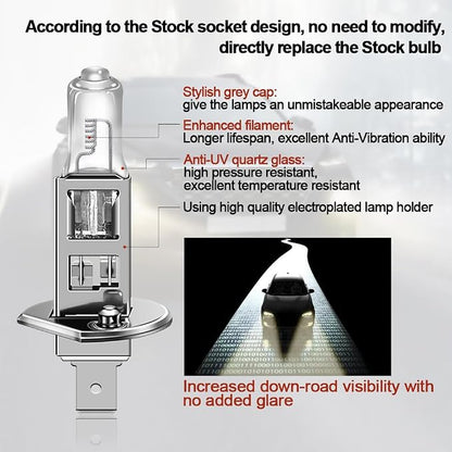 WinPower H1 Halogen Headlight Bulb, Super Bright Warm White 55W 4300K Car High Low Beam Fog Light Replacement Lamp, Pack of 2