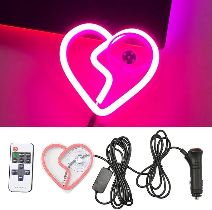 XhuangTech Car LED Signs Neon Ambient Light, Triangle or Back Window Sign Lights, Interior Atmosphere Lamp for Car Decor (Pink Heart Shaped)