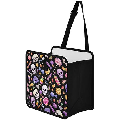 Car Trash Can Organizer Bin with Adjustable Strap for Back Front Seat Console Waterproof Leakproof Collapsible Portable 11 Inch Halloween Skulls Lollipops Candies