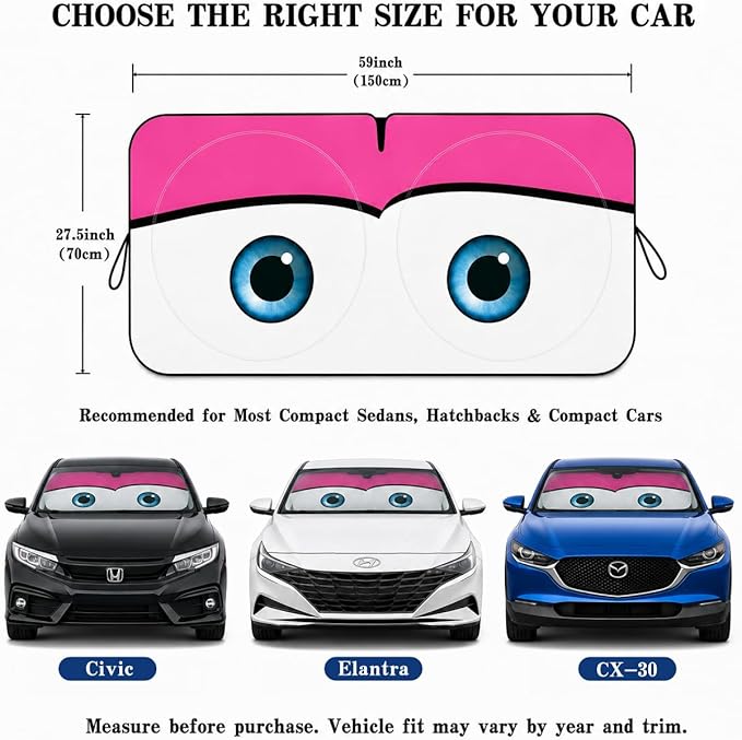 Car Windshield Sun Shade, Pink Cute Eyes Funny Car Sun Shade Universal Fits Sedan SUV Hatchback Compact Cars, UV Heat Protection - 59 x 27.5