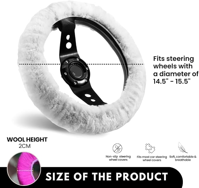 Andalus Brands Luxury Fluffy Car Steering Wheel Covers – Genuine Merino Sheepskin, Soft Fuzzy Car Steering Wheel Cover for Women, Universal 14.5-15" Size, Plush Fur Cute Auto Accessories, White
