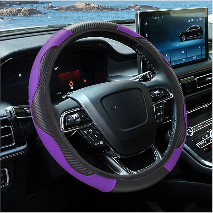 Car Steering Wheel Cover, 15 Inch Carbon Fiber Leather Elastic Steering Wheel Protector, Anti-Slip, Breathable & Soft Car Interior Accessories Universal for Most Cars, Men & Women (Purple)