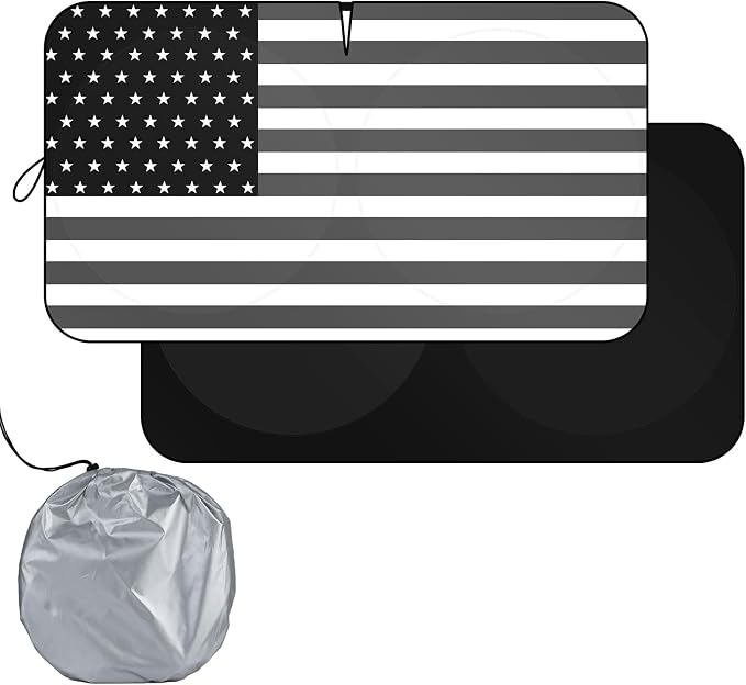 Windshield Sun Shade B&W American Flag USA Patriotic Design - Folding Car Front Window Sunshade for Cars SUV Trucks, Max UV Blocking and Keep The Vehicle Cool XL
