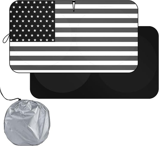 Windshield Sun Shade B&W American Flag USA Patriotic Design - Folding Car Front Window Sunshade for Cars SUV Trucks, Max UV Blocking and Keep The Vehicle Cool XL