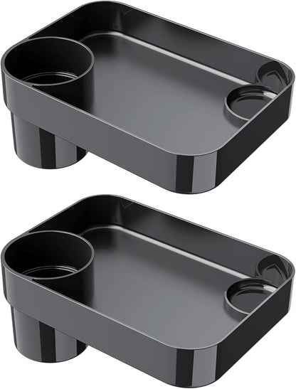[2 Pack] Car Seat Snack Tray for Toddlers - 3 Inch Cup Holder Fits Most Sippy Cups & Straw Bottles with Dip Well, Mess-Free Square Kids Travel Tray Road Trip Essentials, Black, 2