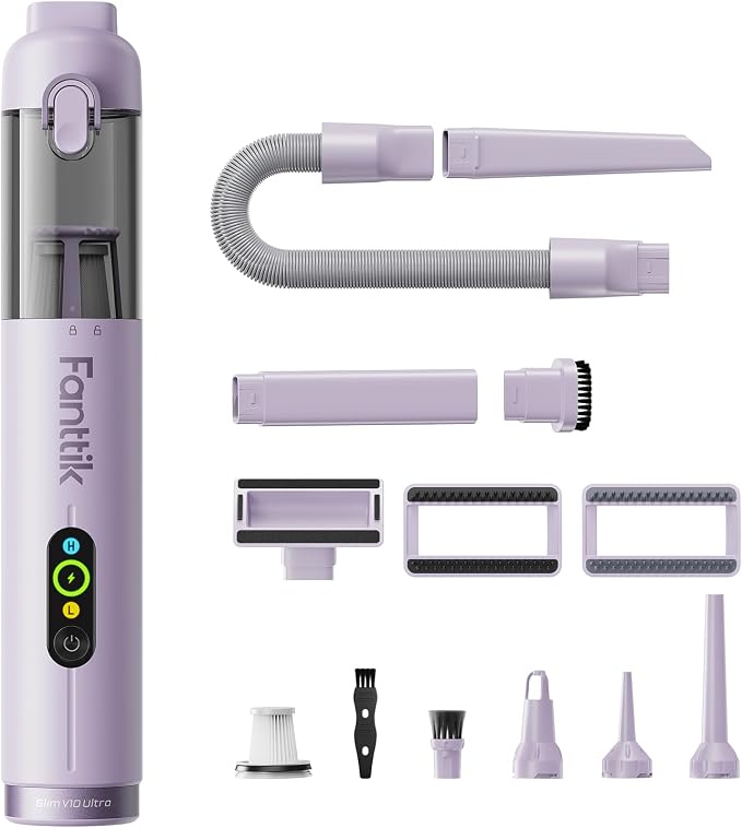 Fanttik Slim V10 Ultra Cordless Car Vacuum, 4-in-1 Portable Mini Vacuum with 19kPa Suction, Freely Combinable Accessories, 2 Suction Modes, Handheld Vac for Car, Small Jobs, Keyboard, Office (Purple)