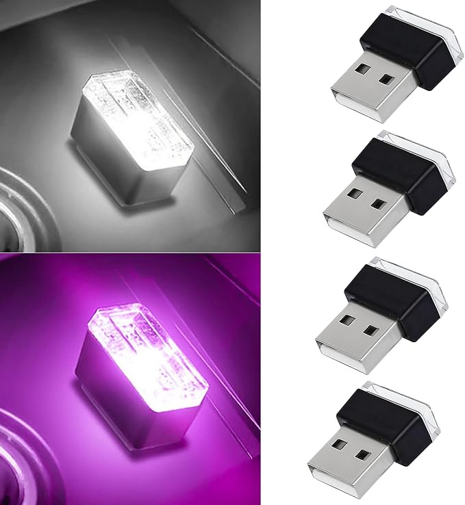 4 PCS USB LED Car Interior Atmosphere Lamp, Portable Mini Auto LED Decor Night Light, Plug-in USB Interface Ambient Lighting Kit, Universal Car Interior Accessories(White+Purple)