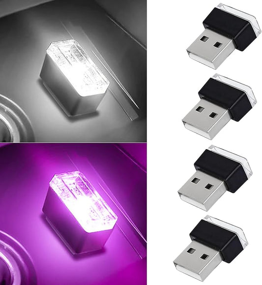 4 PCS USB LED Car Interior Atmosphere Lamp, Portable Mini Auto LED Decor Night Light, Plug-in USB Interface Ambient Lighting Kit, Universal Car Interior Accessories(White+Purple)