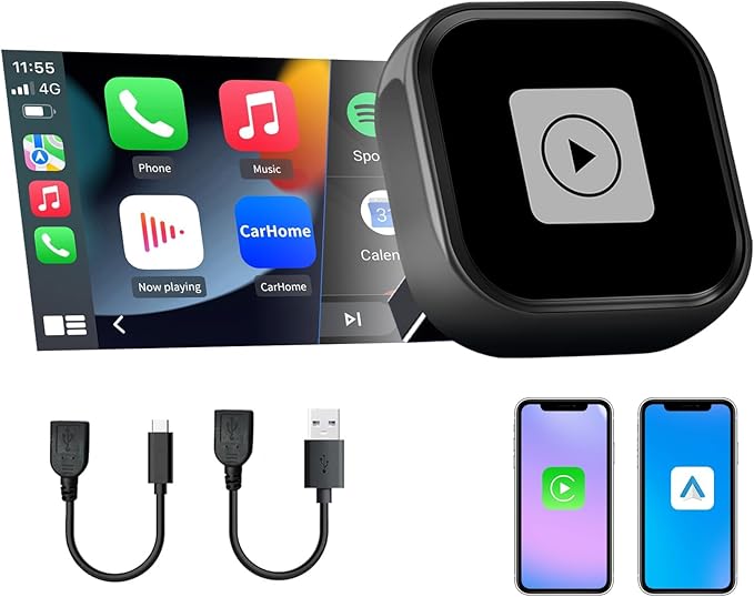 Mini 2-in-1 Wireless CarPlay & Android Auto Adapter for iOS 10+ & Android 11+, Plug & Play Dongle for USB/Type-C Port Converts Wired to Wireless, Fast Auto-Connect/Low Latency/Compact Design