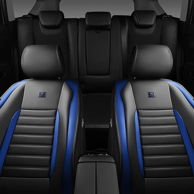 CAR PASS Nappa Leather Car Seat Covers Front Seats, Luxury Seat Protector for Cars, Waterproof Anti-Slip Seat Cushion Airbag Compatible Universal for SUV Pick-up Truck Automotive Vehicle,Black Blue