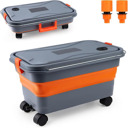 Collapsible Bucket 5.8 Gallon for Car Washing with Wheels, Drain Plug, Universal Connectors for Cordless Pressure Washer, Foldable Car Wash Bucket for Car,Mop Cleaning, Camping, RV, Pet Bath