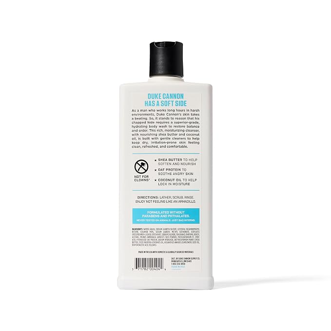 Duke Cannon Hydrating Body Wash - 18oz, Moisturizing Formula for Dry Skin, Refreshing Clean, Tough Yet Gentle, for Men, Soft Side Scent