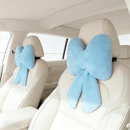 Sexysamba 2 Pcs Plush Bow Car Headrest Neck Pillow Cute Bow Pillow for Car Seat Décor Soft Neck Support for Comfortable Driving Traveling Office Fluffy Head Rest Cushion, Blue