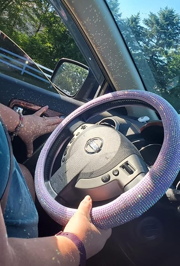 Car Fuzzy Bling Steering Wheel Cover for Women Purple, 15 Inch Universal with Colorful Diamonds Rhinestone Cute Accessories Crystal Anti-Slip Wheel Protectorer