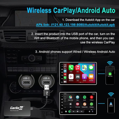 Carlinkit Wireless CarPlay USB Adapter Only Compatible with Android car radios. only for Android Version 4.4.2 or Above. APK Must be Successfully Installed Before use. Model:CPC200-CCPA