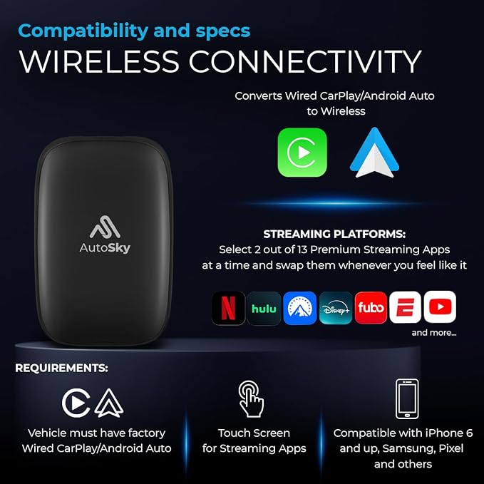 AUTOSKY AI Box Lite Flex – Wireless CarPlay & Android Auto Adapter with Selectable Streaming Apps (Netflix, Hulu, Disney+, Prime Video & More) – Plug & Play, Touchscreen Required