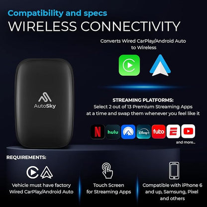 AUTOSKY AI Box Lite Flex – Wireless CarPlay & Android Auto Adapter with Selectable Streaming Apps (Netflix, Hulu, Disney+, Prime Video & More) – Plug & Play, Touchscreen Required