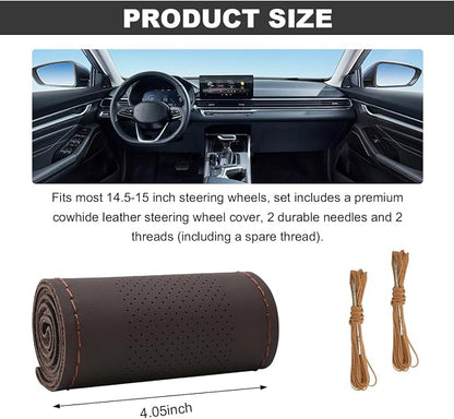 Wevdn Genuine Leather Steering Wheel Cover, Stitch on Wrap, DIY Sewing Steering Wheel Protector, 15 Inch Breathable Non-Slip Steering Wheel Protector, Car Accessories (Coffee, Middle Hole)