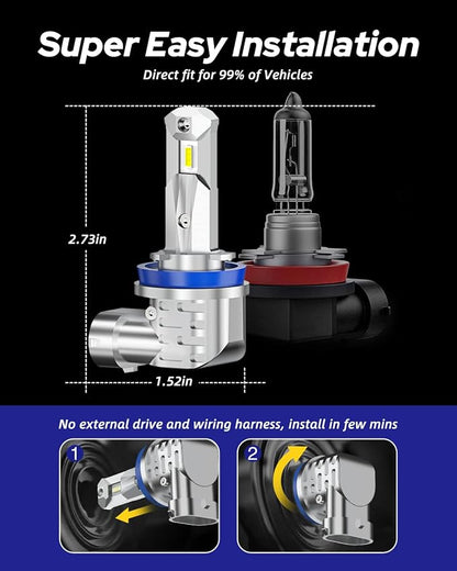 AUTOONE H11/H9/H8 Light Bulbs, Fanless No Flicker 40000LM 6000K Fog Lights Canbus, 10YR Lifespan, Pack of 2