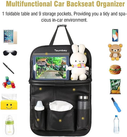 Tsumbay Car Backseat Organizer with Tablet Holder,9 Storage Pockets Foldable Table Tray Seat Back Protectors Kick Mats -PU Leather 1Pck