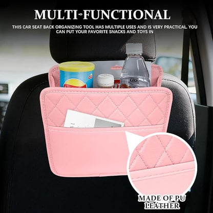 Car Seat Back Organizer, Leather Backseat Hanging Storage Bag, Multipurpose Car Hanging Trash Bag with 2 Compartments, Car Large Capacity Pouch Pocket for Kids & Adults (Pink)