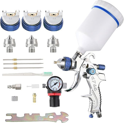 ENDOZER Professional HVLP Spray Gun Set Gravity Feed Air Spray Gun with 1.3, 1.5, 1.8mm Nozzles 20oz 600cc with Gauge for Auto Paint, Primer, Clear/Top Coat & Touch-Up (Not Suitable for Latex Paint)