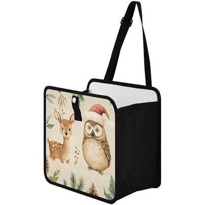 Car Trash Can Organizer Bin with Adjustable Strap for Back Front Seat Console Waterproof Leakproof Collapsible Portable 8.66 Inch Christmas Deer Owl Pinecorns Leaves Beige
