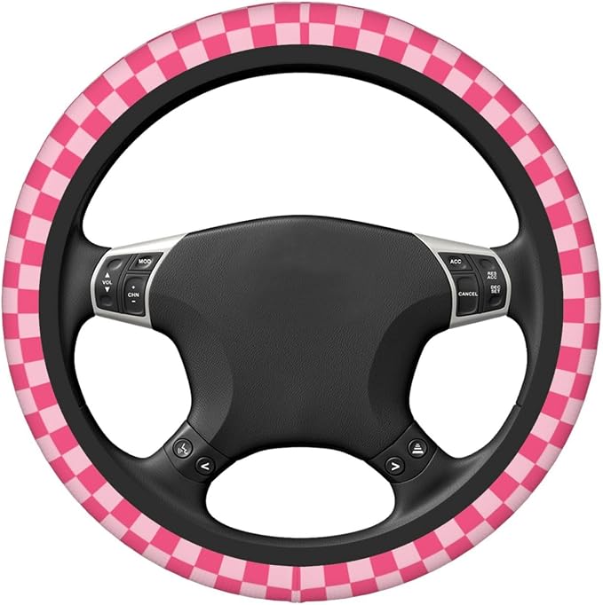 Hot Pink Checkered Steering Wheel Cover for Women, Universal Auto Steering Wheel 14-15 Inch Car Interior Accessories with 2PCS Car Coasters, Suitable for Men and Women
