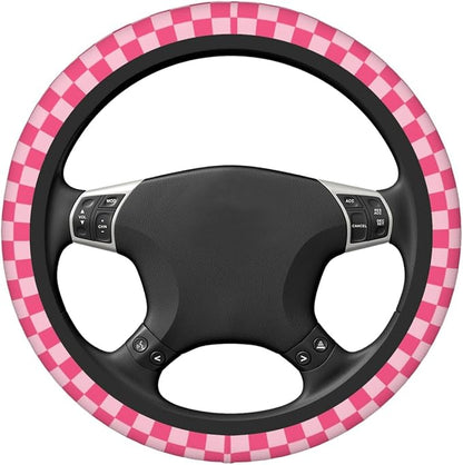 Hot Pink Checkered Steering Wheel Cover for Women, Universal Auto Steering Wheel 14-15 Inch Car Interior Accessories with 2PCS Car Coasters, Suitable for Men and Women