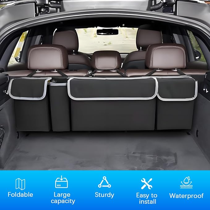 Car Trunk Organizer with Lid, Large Waterproof Vehicle Backseat Hanging Storage Bag with 4 Pockets & Adjustable Straps, Collapsible Automotive Interior Cargo Bag, Universal Fit (Black)