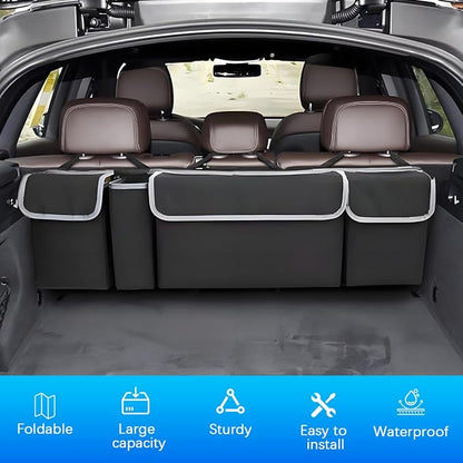 Car Trunk Organizer with Lid, Large Waterproof Vehicle Backseat Hanging Storage Bag with 4 Pockets & Adjustable Straps, Collapsible Automotive Interior Cargo Bag, Universal Fit (Black)